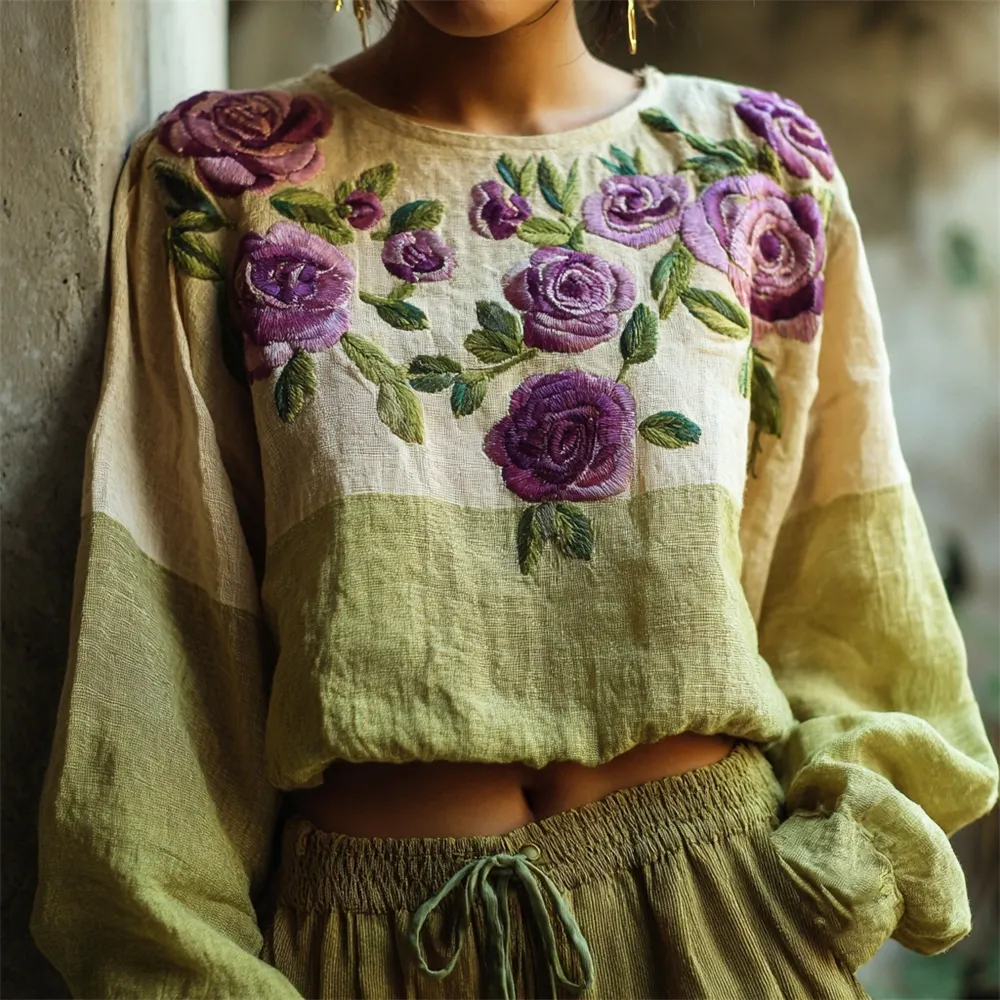 Vintage Floral Embroidery Women's Linen Loose Shirt