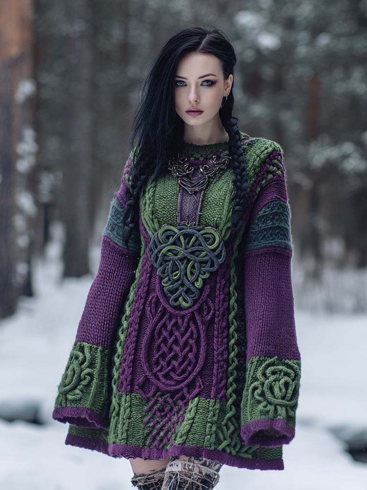 Vintage Viking Celtic Knot Art Knit Cozy Casual Cozy Knit Mini Dress
