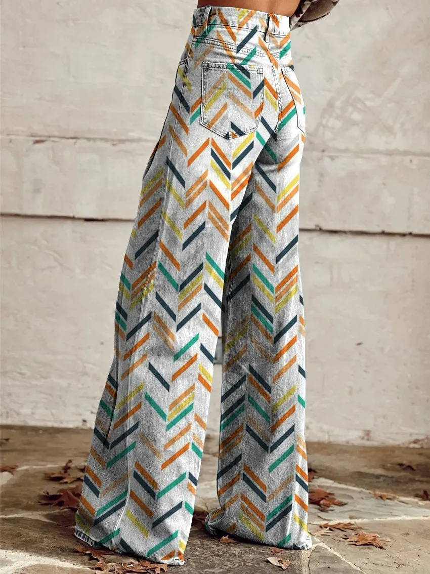 Vintage Print Casual Wide-Leg Pants
