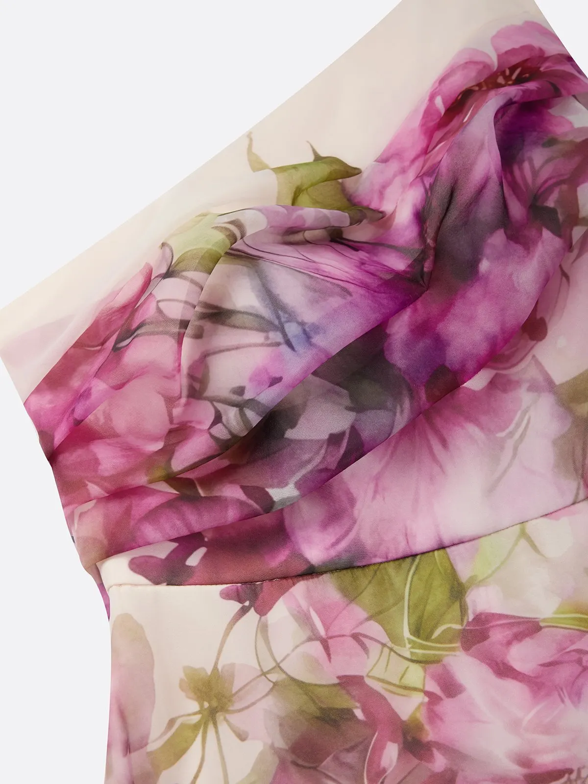 Purple Floral Ruched Tulle One-Shoulder Sleeveless A-Line Midi Dress