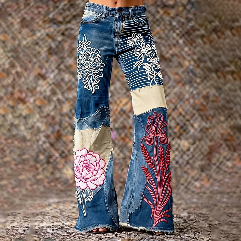 Women's Bohemian Style Patchwork Floral Patchwork Art Jeans