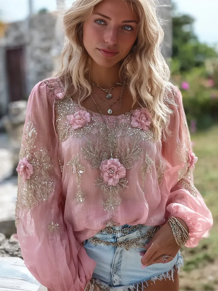 Vintage Boho Floral Embroidery Women's Linen Long Sleeve Shirt