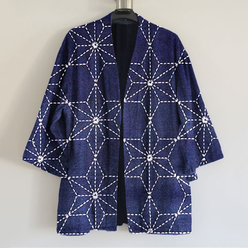Vintage Japanese Traditional Sashiko Floral Blooming Art Print Blend Kimono Cardigan