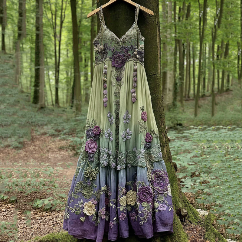 Classy Gradient Purple Lavender And Floral Embroidered Suspender Long Dress