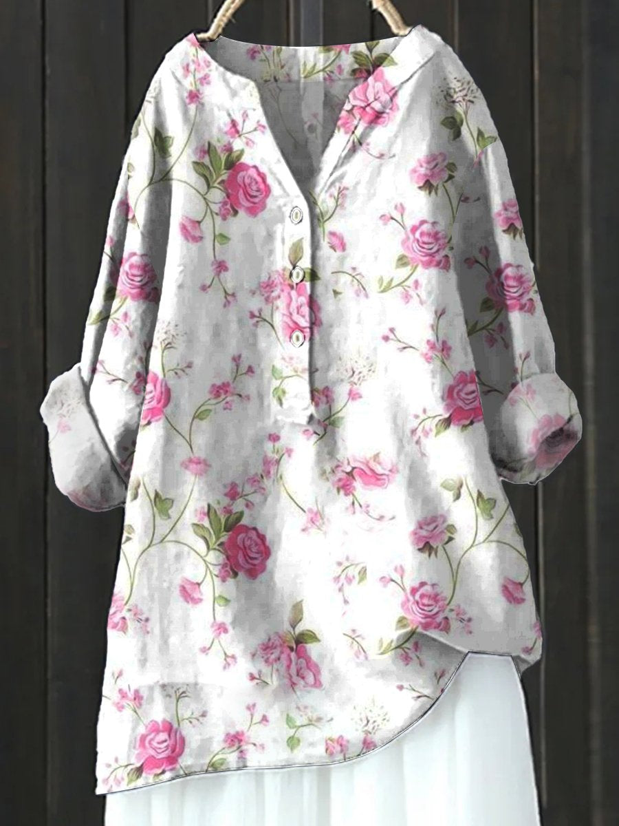 Floral Art Print Casual Cotton & Linen Shirt