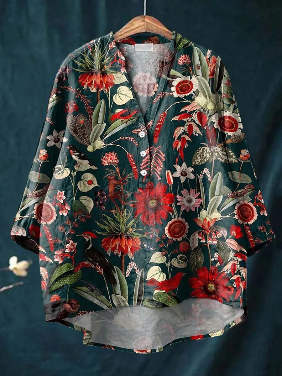 Vintage Floral Art Print Casual Cotton & Linen Shirt