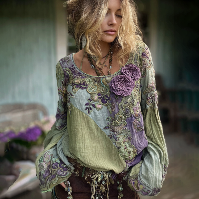 Vintage Purple Lavender And Floral Embroidered Long Sleeve Shirt