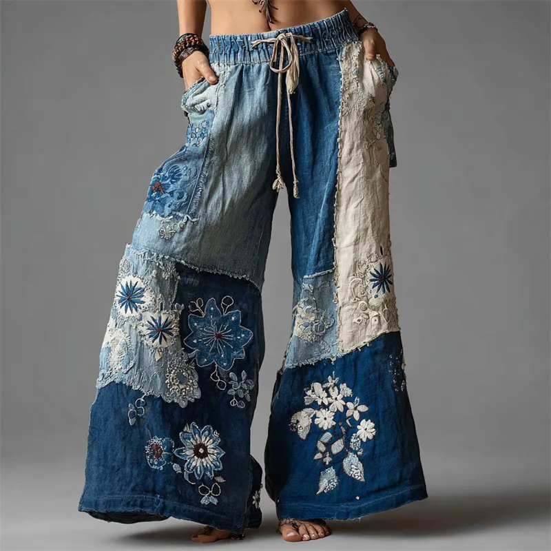Boho Floral Lace Fiber Art Patchwork Flowy Wide Leg Pants