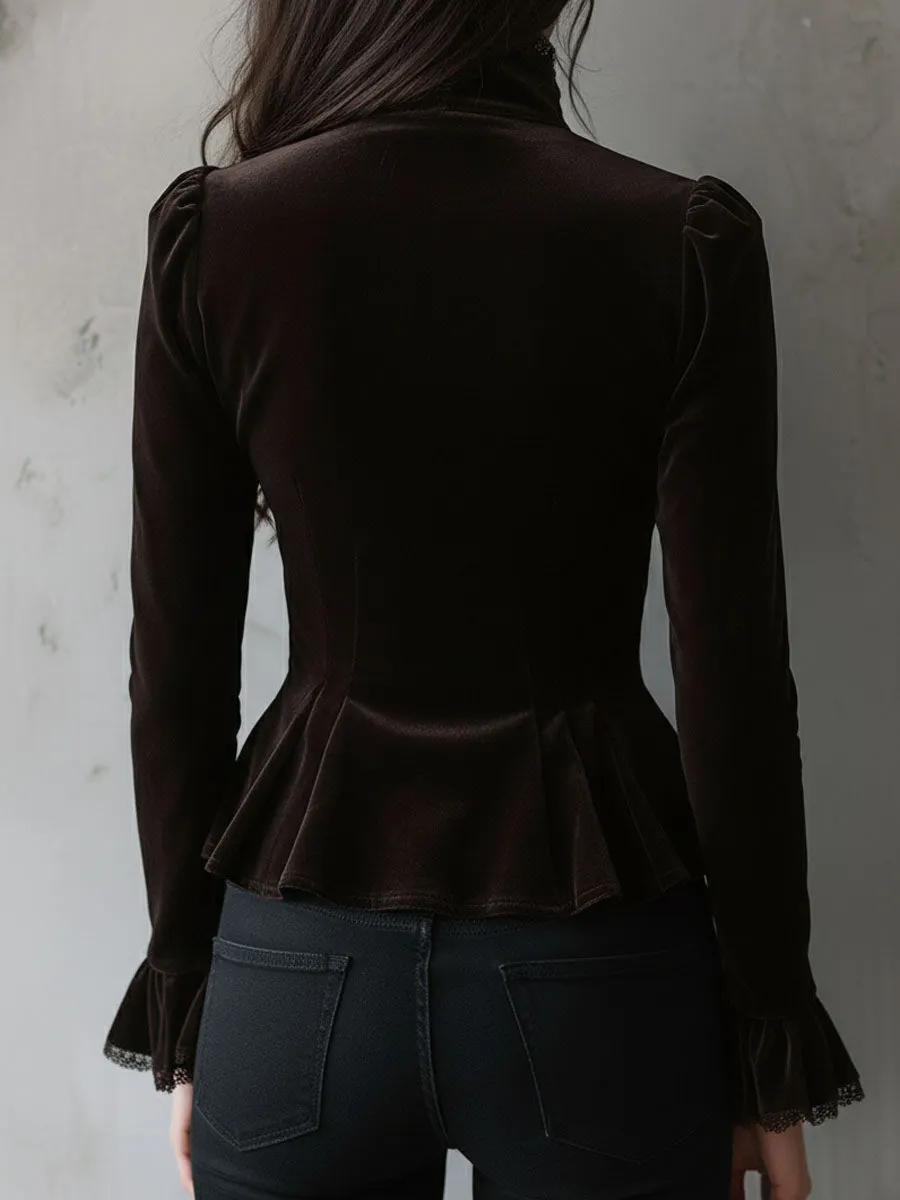 Retro Chocolate Velvet Corset Blouse With Lace Trim