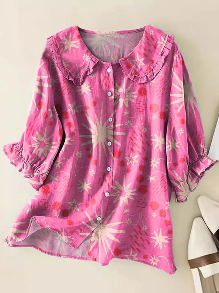 Vintage Star Art Print Loose Top Peter Pan Collar Half Sleeve Blouses