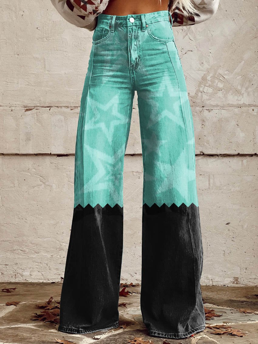 Green & Black Stars Print Casual Wide-Leg Pants