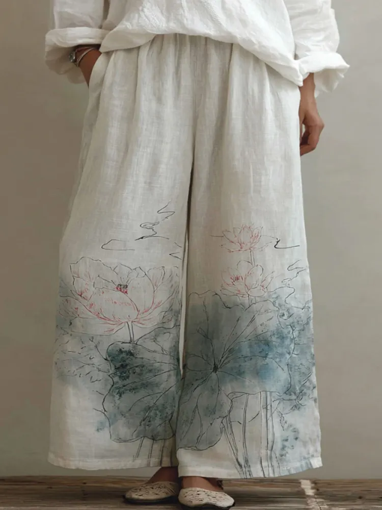 Japanese-style Lotus Pattern Linen Trousers