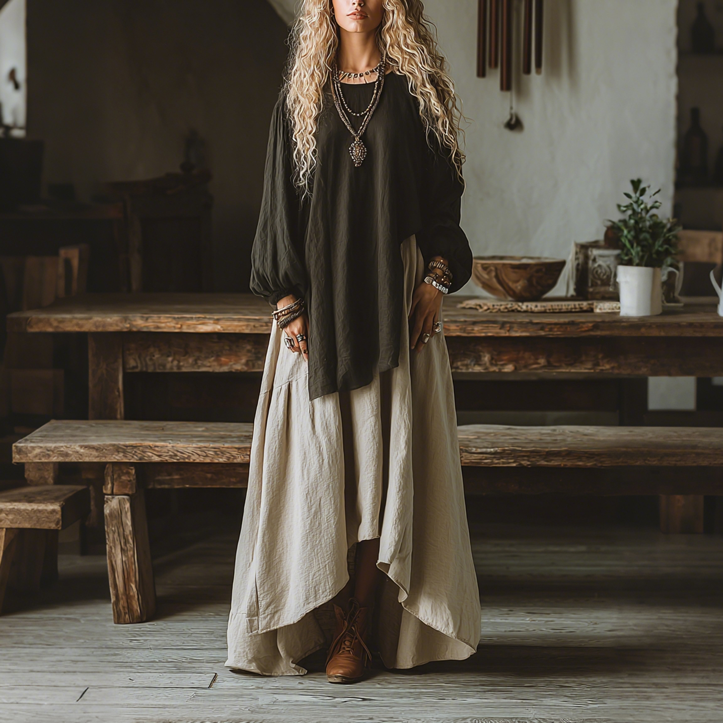 Elegant Round Neck Color-blocked Long-sleeved Oversized Comfortable And Breathable Dress