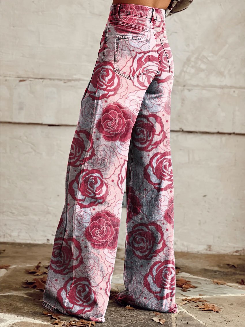 Vintage Print Casual Wide-Leg Pants