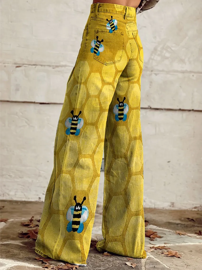 Vintage Bee Print Casual Wide-Leg Pants