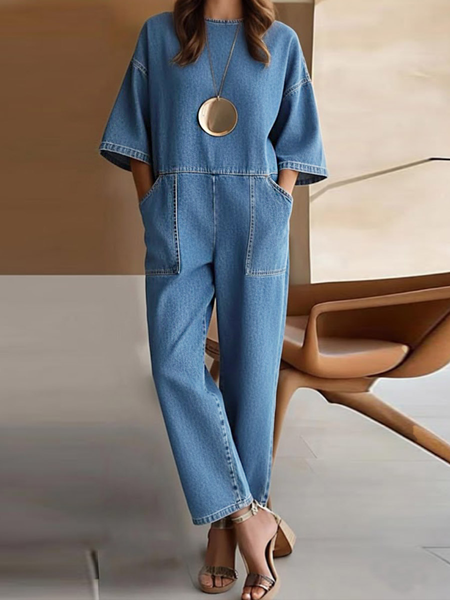 Round Neck 3/4 Sleeve Casual Loose Denim Wide-leg Jumpsuit