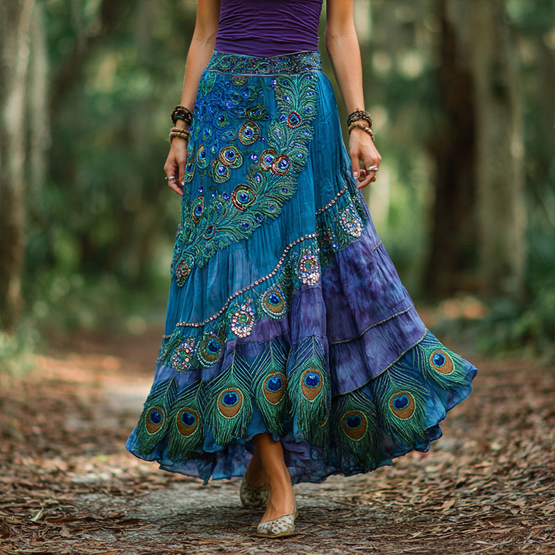 Vintage Peacock Feather Gradient Art Linen Blend Midi Skirt