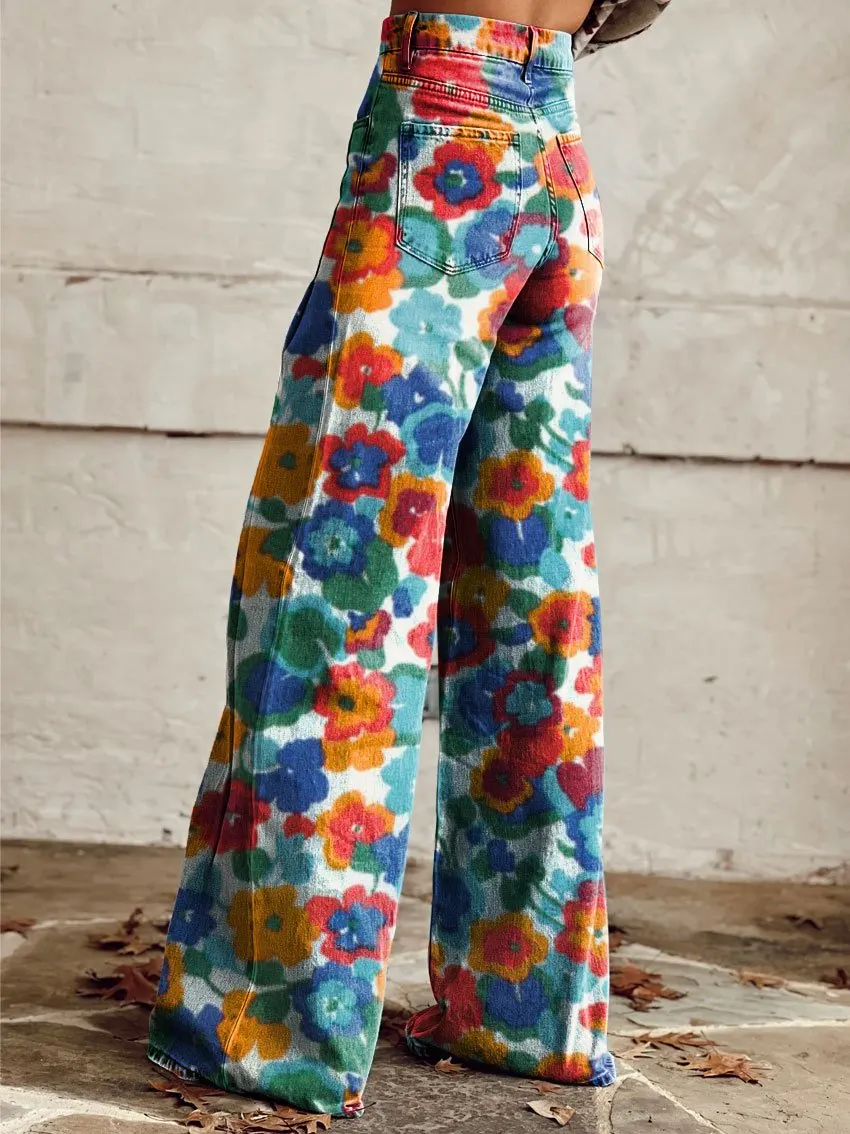 Vintage Print Casual Wide-Leg Pants