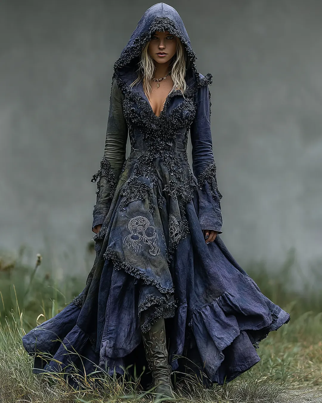 Bohemian style Irregular Gradient Lace Patchwork Hooded Evening Dress bc18