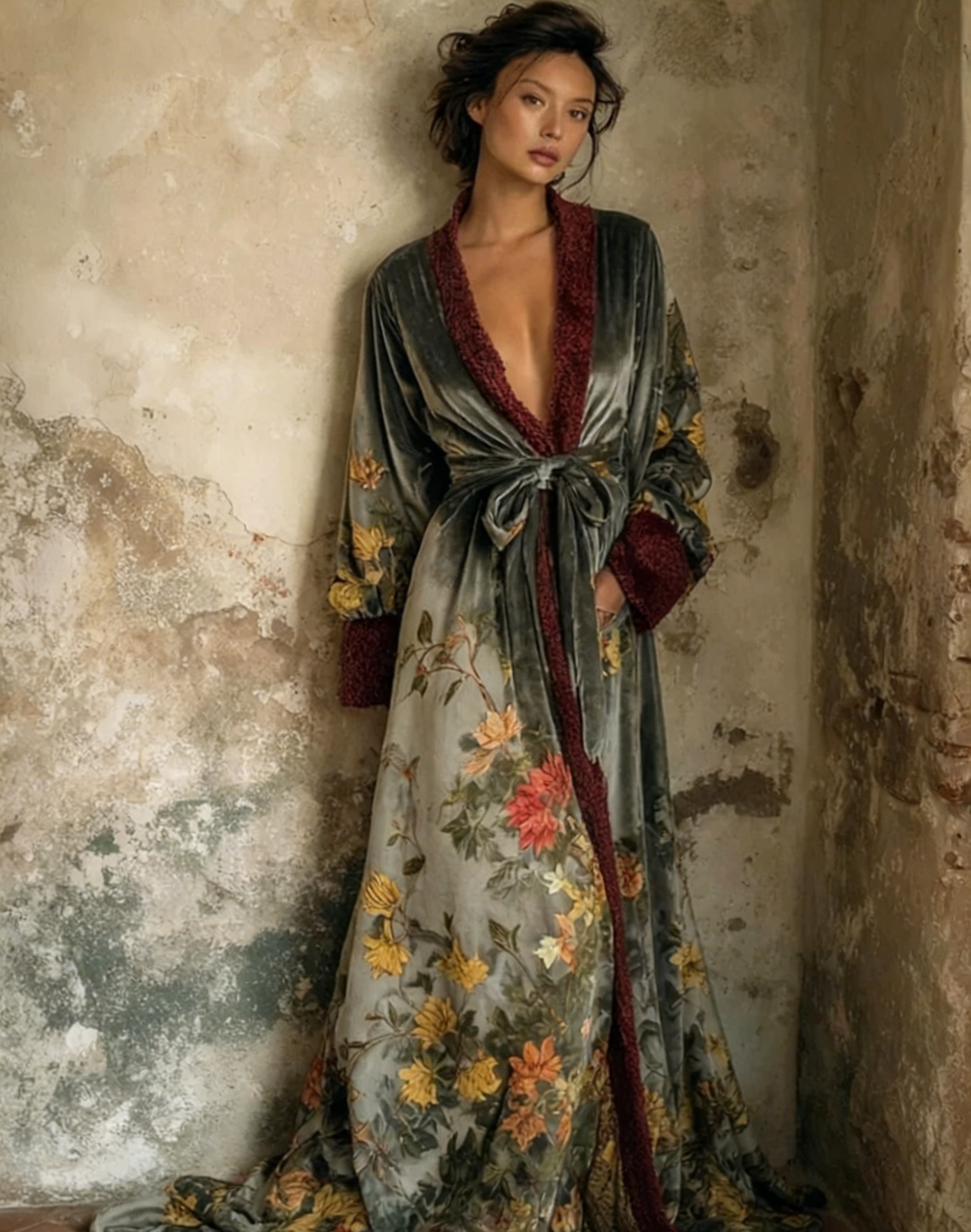 Artistic floral print kimono robe, autumn/winter long robe with sash.