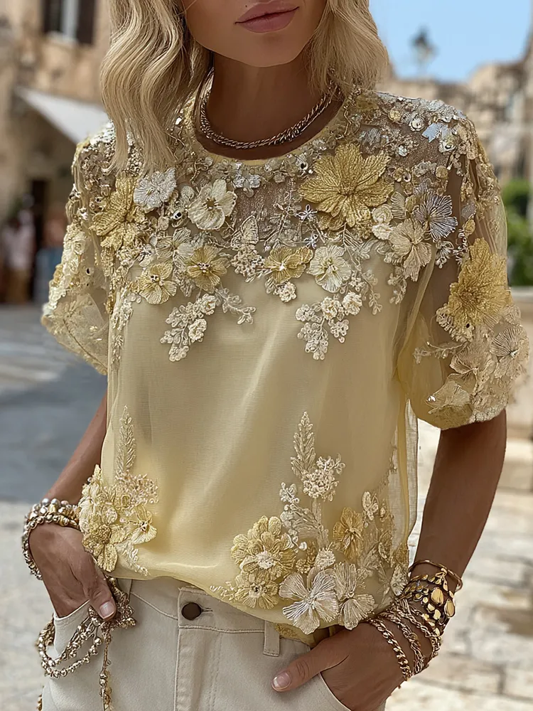 Women's Bohemian Yellow Roses And Floral Embroidery Art Linen Blend T-shirt
