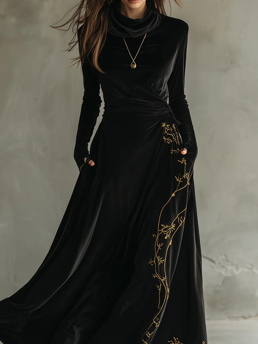 Black Pile Collar Velvet Embroidered A-line Maxi Dress