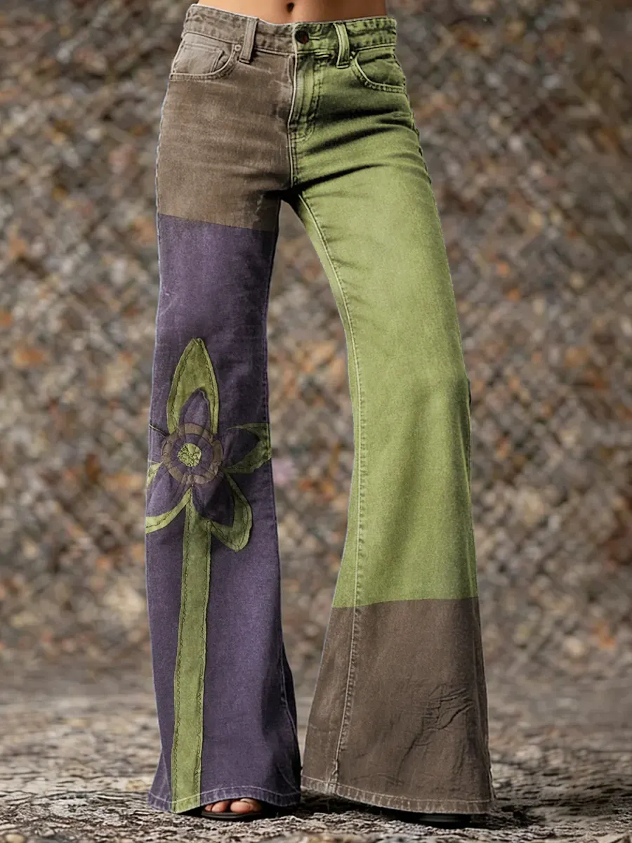 Bohemian Floral Patchwork Art Print Casual Washed Cotton Denim Pants