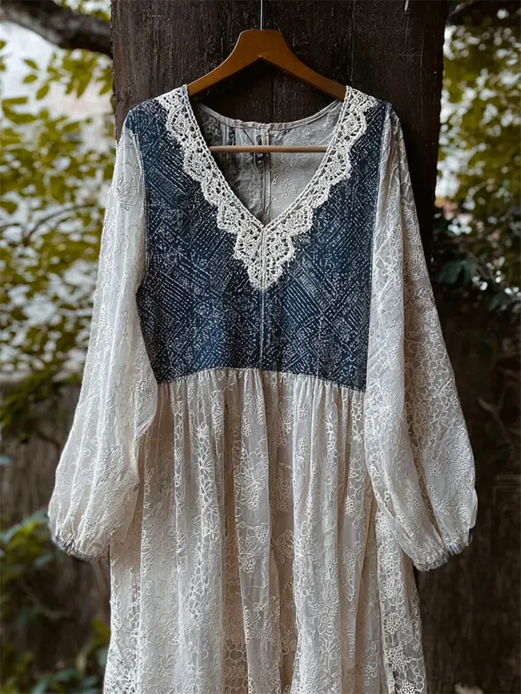 Boho Lace Japanese Sashiko Patchwork Flowy Maxi Dress