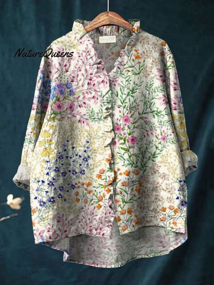 Lovely Floral Art Print Casual Cotton & Linen Ruffle Shirt