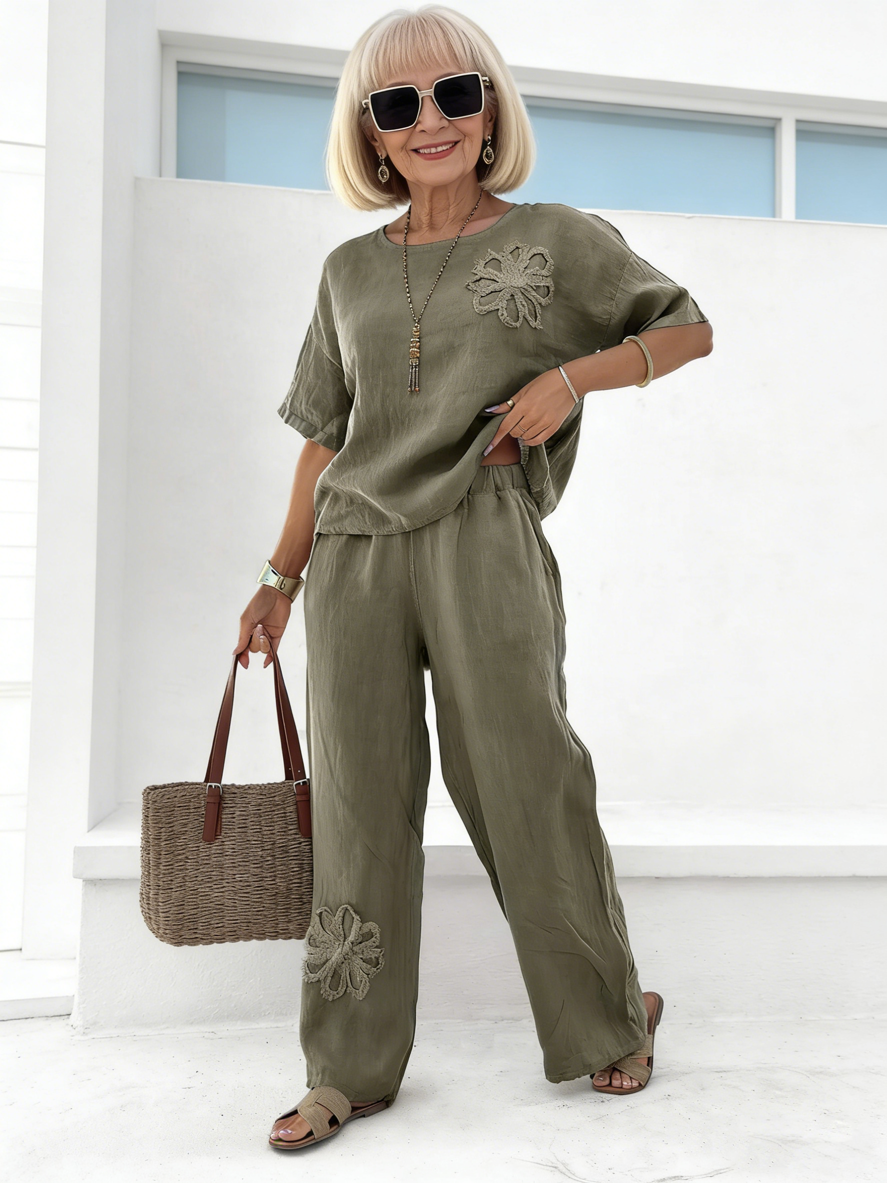 Taupe Embroidered Top & Wide-Leg Pants Set