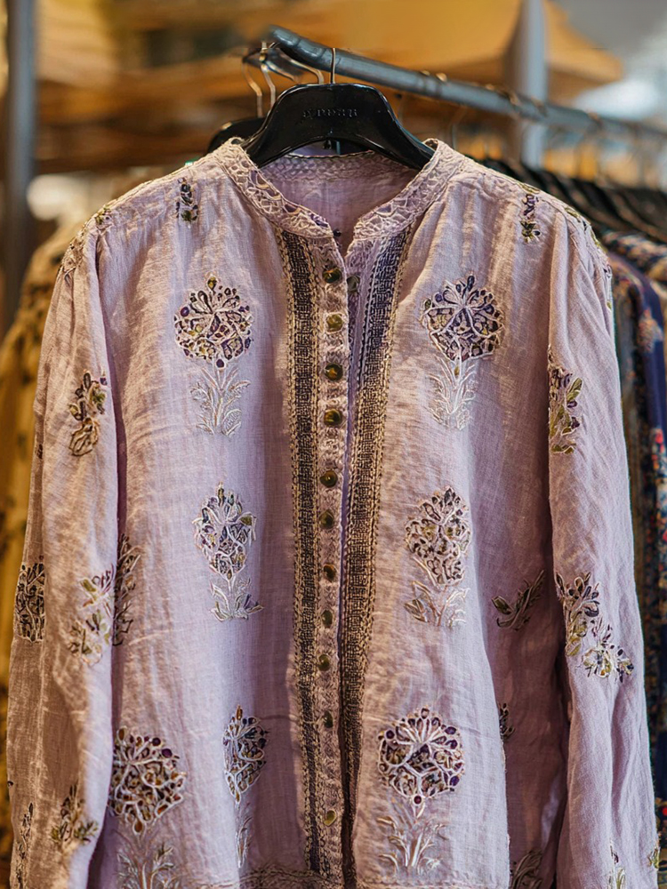 Women's Bohemian Floral Print Casual Linen Button-up Shirt