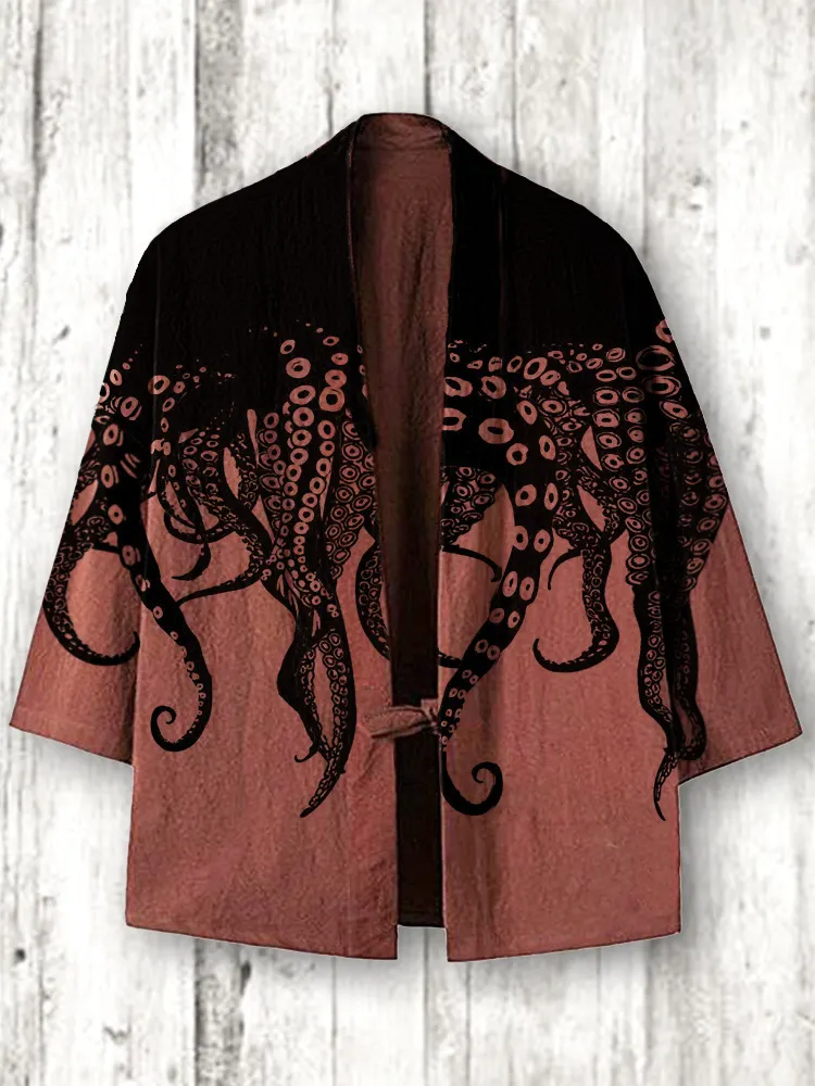 Ocean Octopus Japanese Art Linen Blend Kimono Cardigan