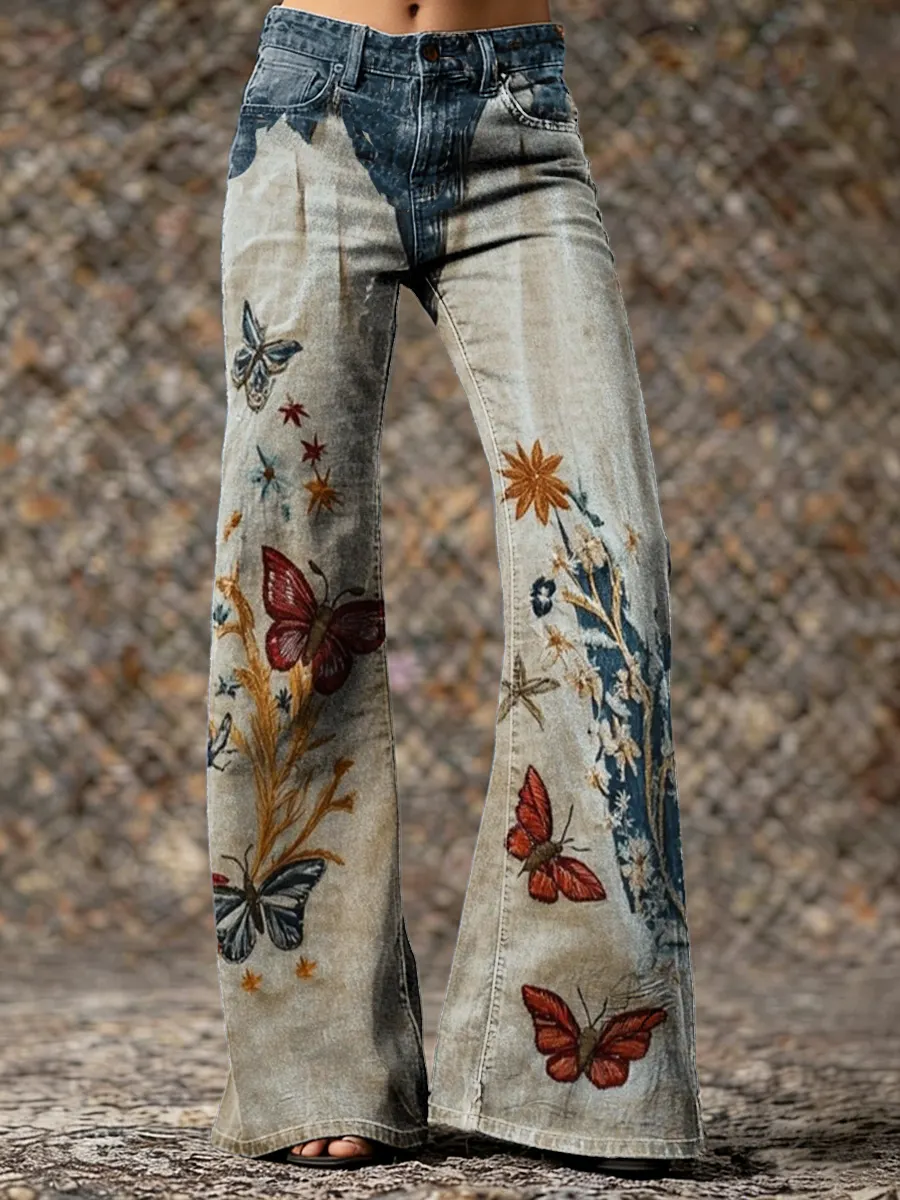 Retro Butterfly & Floral Art Print Casual Washed Cotton Pants