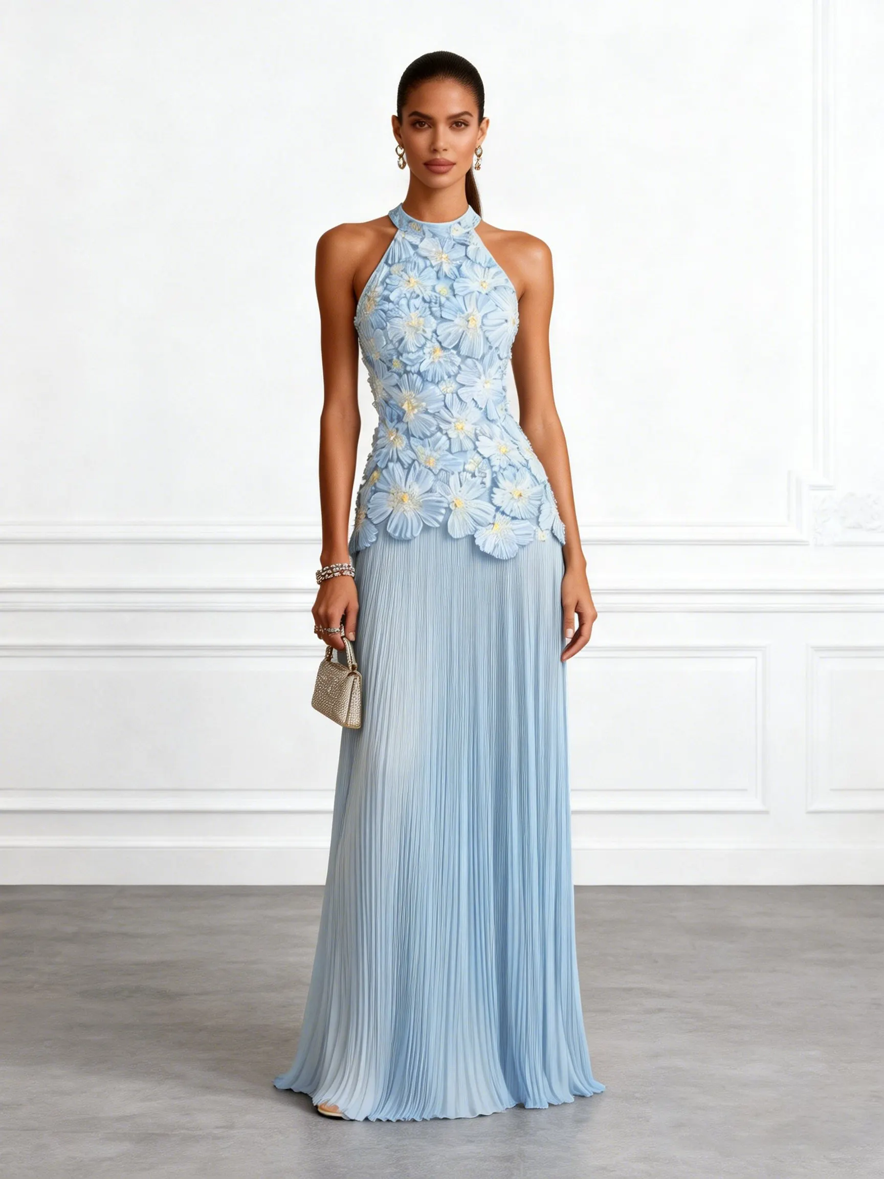 Light Blue Jacquard Chiffon Halter Neck Sleeveless A-Line Floor-length Gown