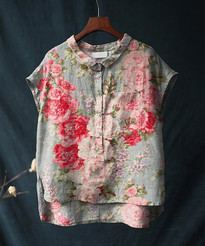 Vintage Floral Print Short-sleeved Cotton & Linen Shirt