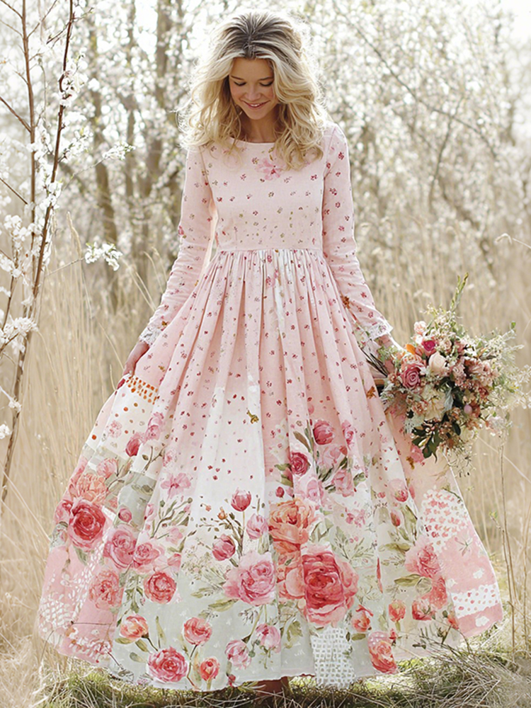 Vintage Floral Art Women's Long Sleeve Maxi Cute Dress