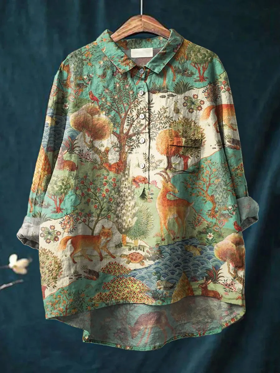 Vintage Ethnic Woodland Animals Art Print Casual Cotton & Linen Shirt