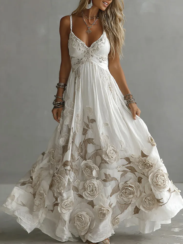 Women's Vintage Rose Embroidery Art V-neck Suspender Maxi Dress