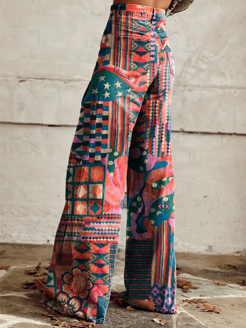 Vintage Print Casual Wide-Leg Pants