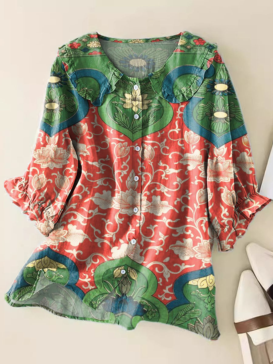 Vintage Floral Art Print Casual Peter Pan Collar Cotton Shirt