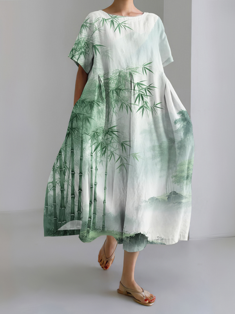 Japanese Art Bamboo Painting Print Midi Dress