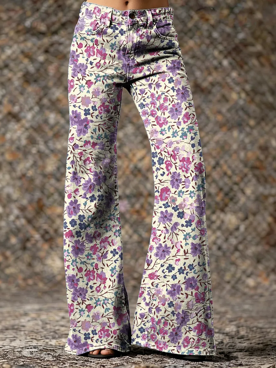 Retro Floral Art Print Casual Washed Cotton Pants