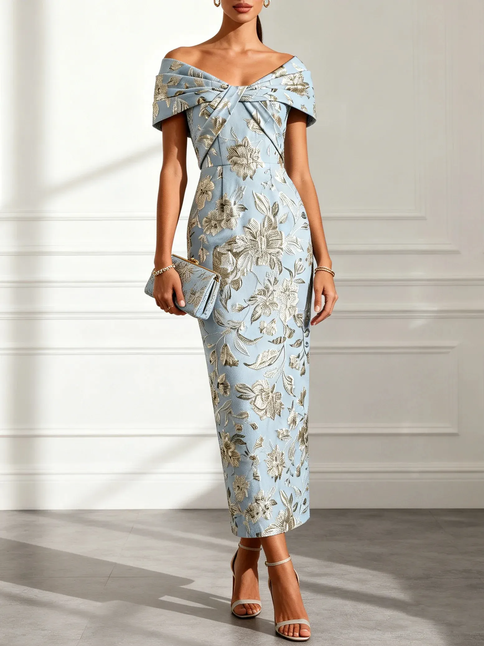 Light Blue Off-Shoulder Floral Jacquard Maxi Dress
