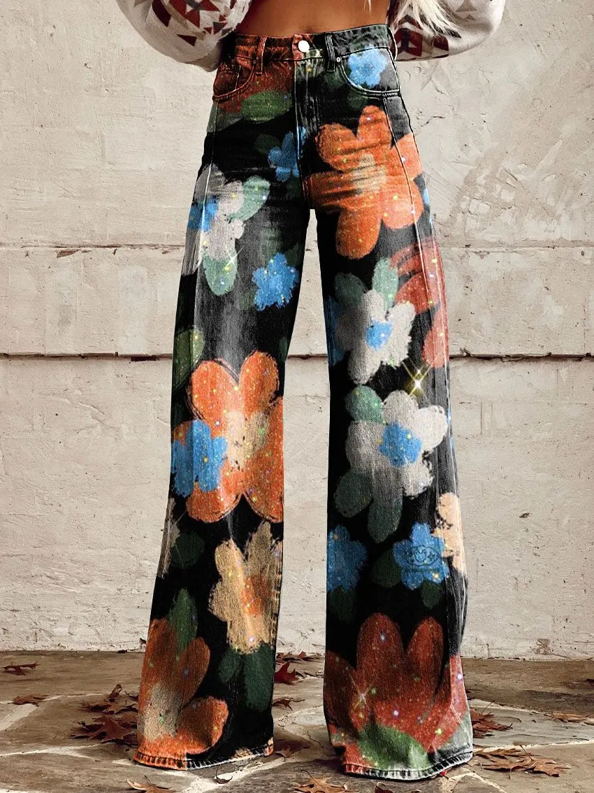 Vintage Western Cowboy Wild Print Casual Wide-Leg Pants