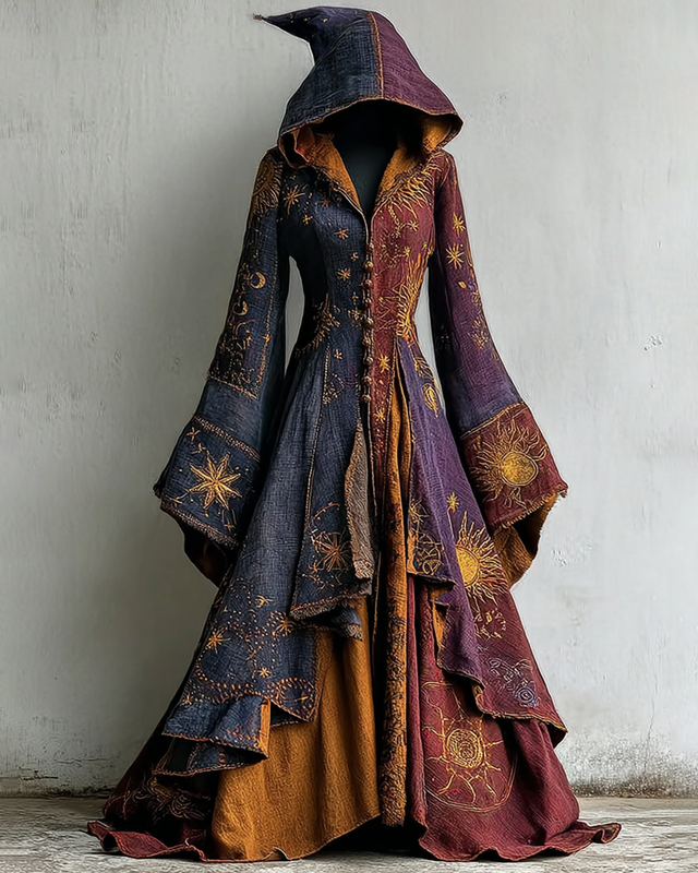 Bohemian style Star And Moon Embroidery Patchwork Hooded Witch Evening Dress 02c2