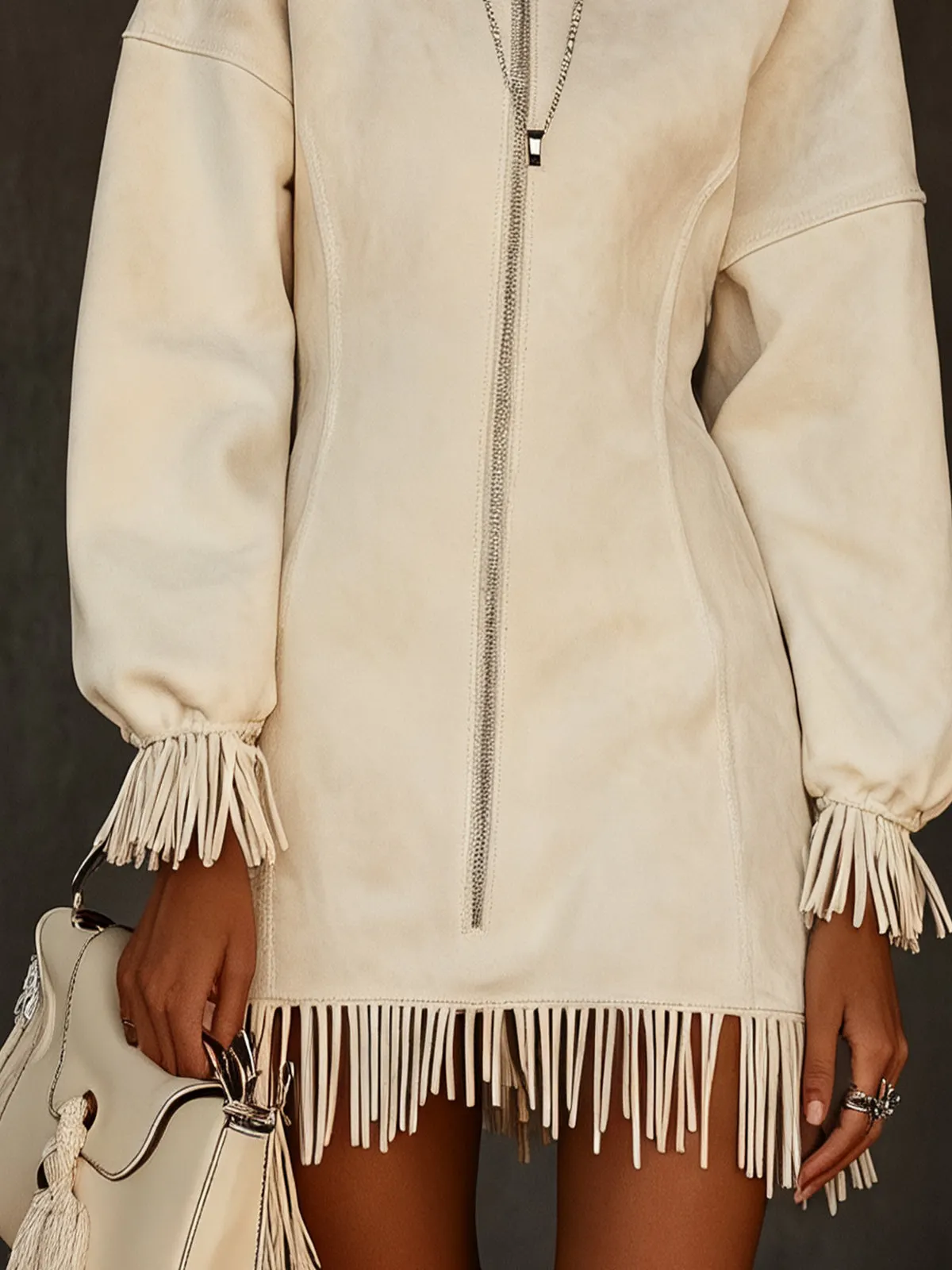 White Faux Suede Fringe Zip-Up Mini Dress