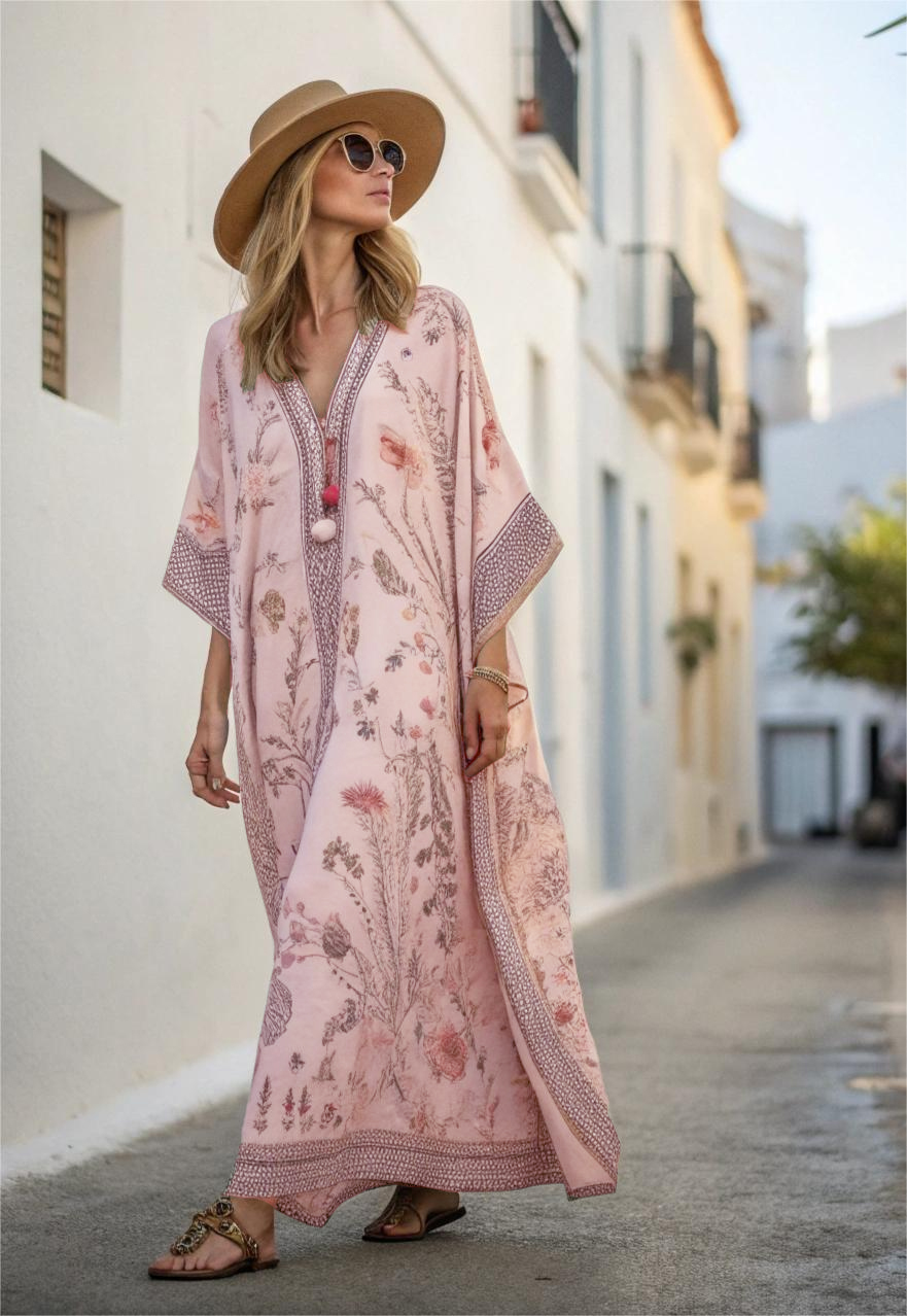 Cotton & Linen Long Sleeve Kaftan Maxi Dress
