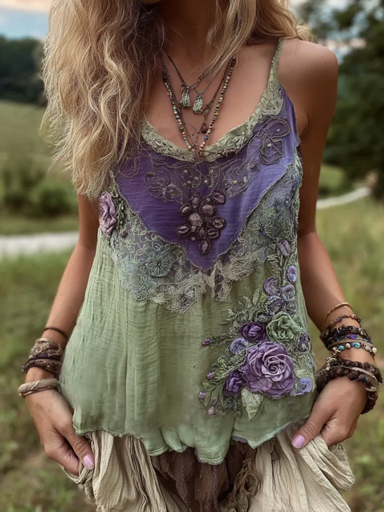 Vintage Purple Lavender And Floral Embroidered V-neck Camisole