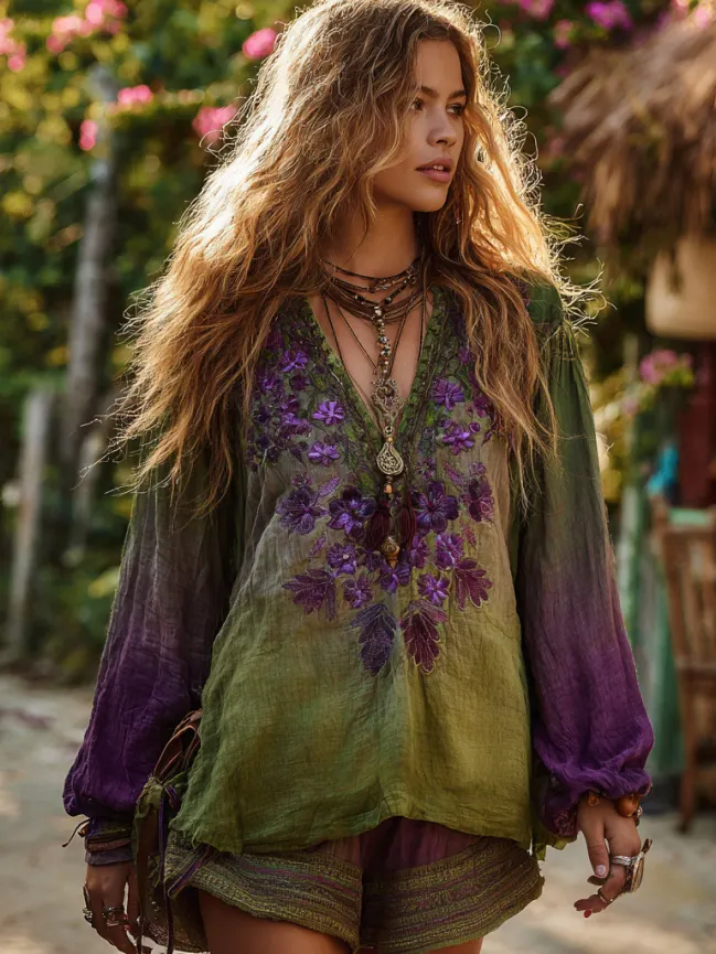 Vintage Purple Floral Embroidery V Neck Long Sleeve Shirt