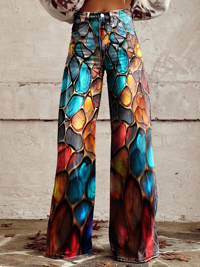 Abstract Colorful Broken Texture Print Casual Wide-Leg Pants